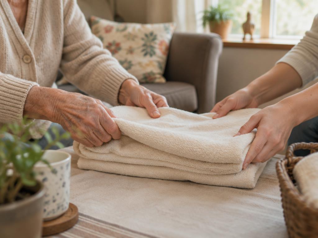 Zwei Paar Hände falten ein Handtuch